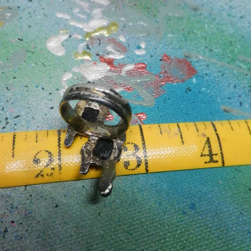 VTG artisan pewter black ring silvery statement ebony shiny bohemian size 12
